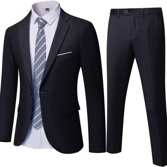 Men's Slim Fit 2 Piece Suit, One Button Solid Jacket Pants Set with Tie